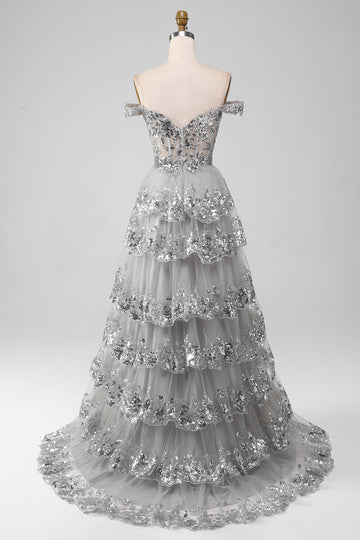 Off the Shoulder Grigio Sparkly Tiered Prom Dress con fessura
